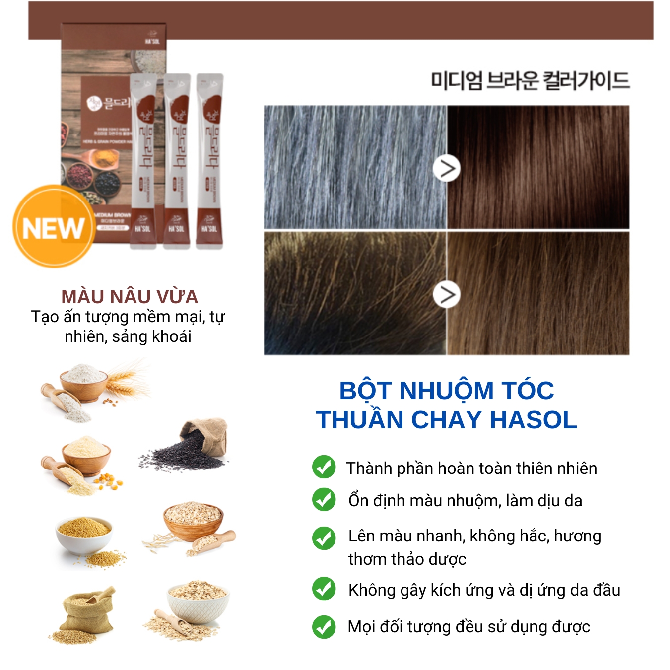 Bột nhuộm tóc thuần chay Hasol Nature's - Màu Nâu vừa